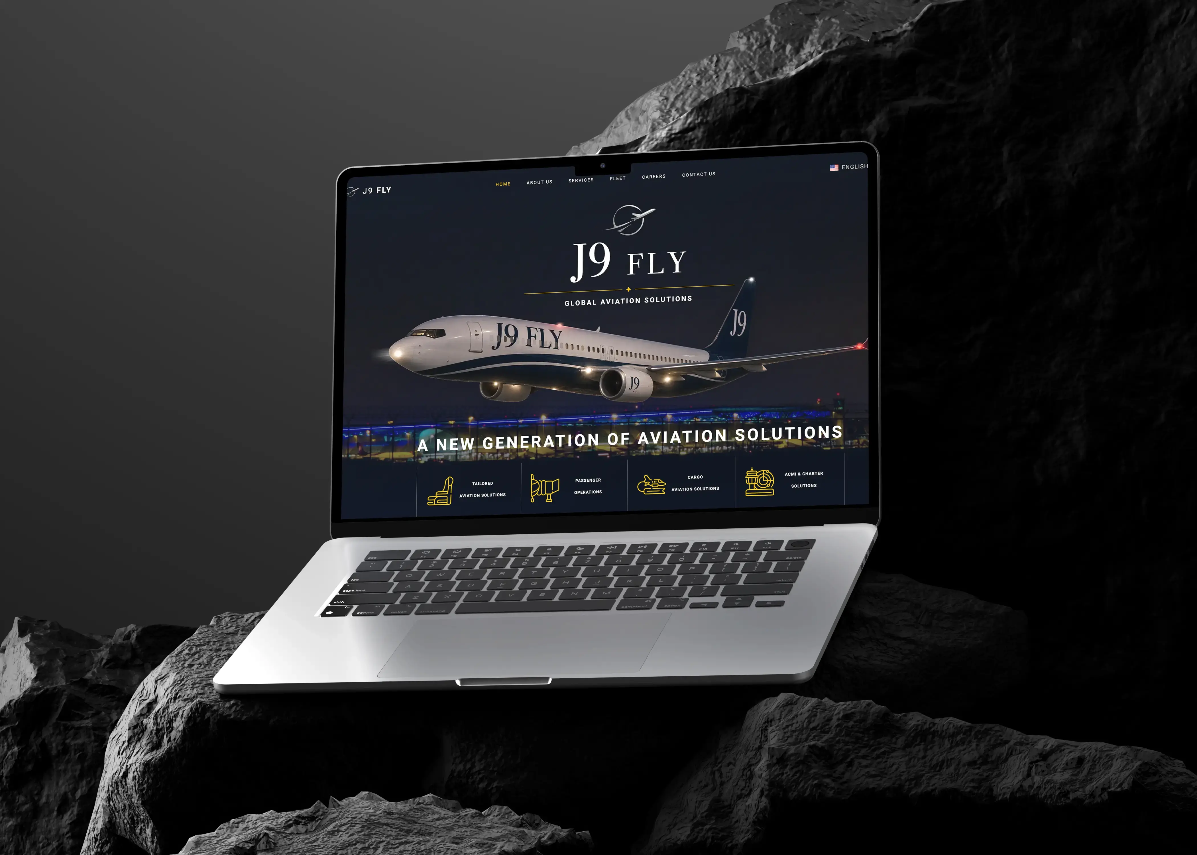 J9 Fly aviation website on laptop